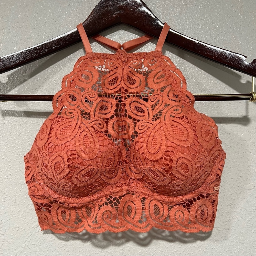 Victoria Secret PINK Lace Padded Halter Push Up Bralette Size Small Orange Fire